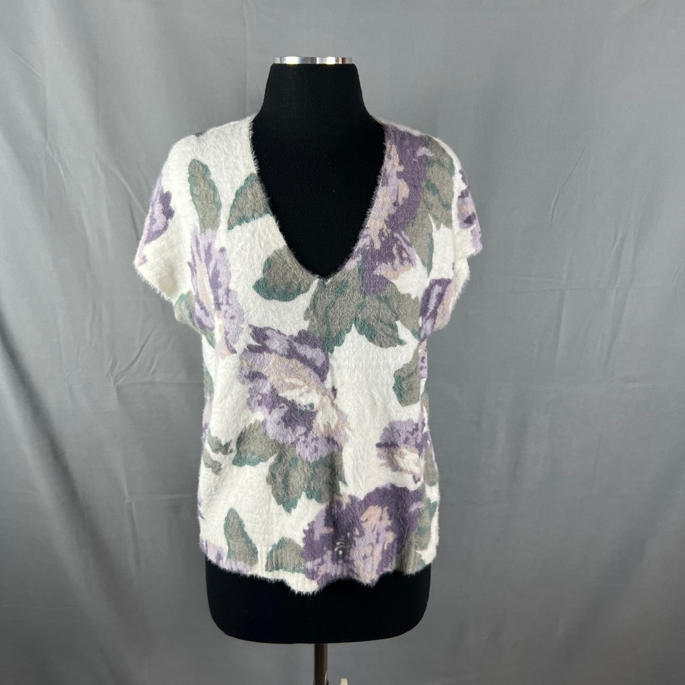 Rachel Zoe Sweater Vest Women M Multicolor Floral Soft Fuzzy Texture Cap Sleeve